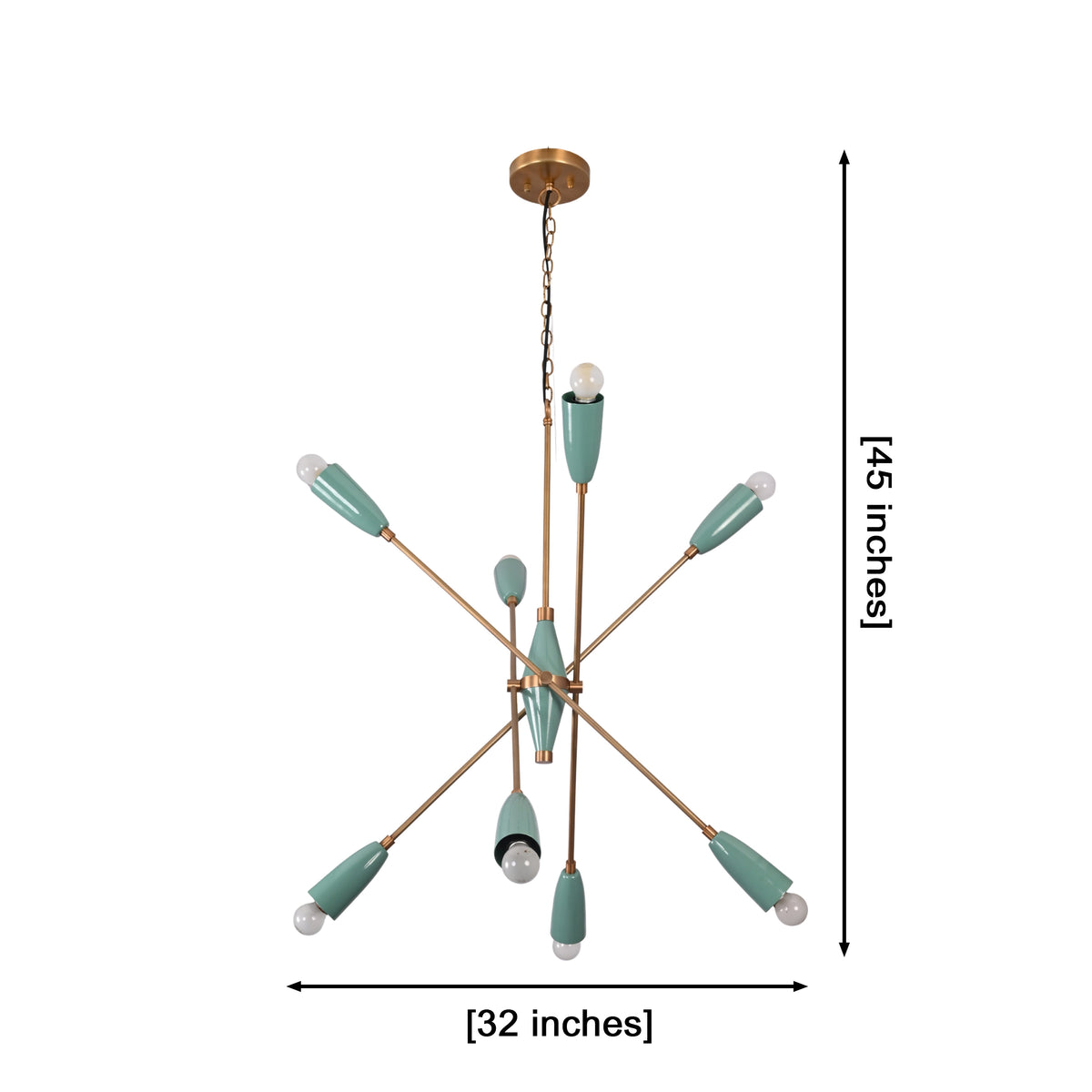 Mint green starburst chandelier with eight exposed bulbs creating warm ambient light for living room décor