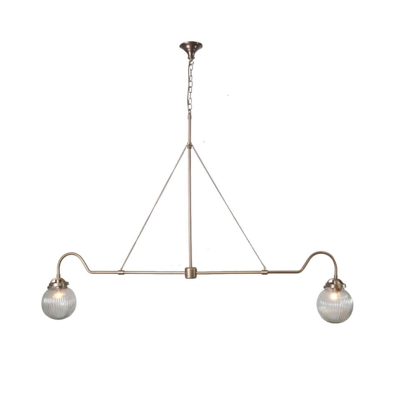 Modern 2-light brass linear chandelier with ribbed glass globes – handmade minimalist pendant by Brass Leaf Studio