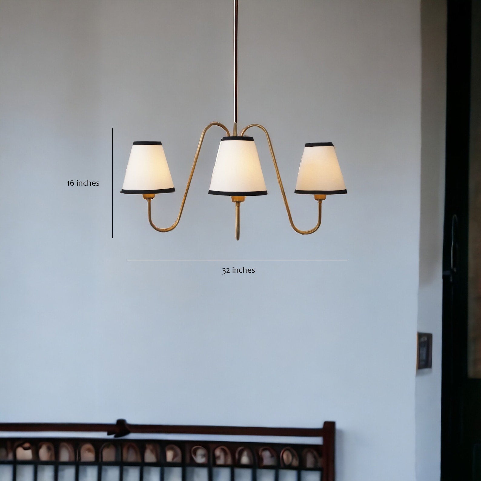Size guide for Modern 3-Light Brass Chandelier with Fabric Shades | Handmade Solid Brass Ceiling Light by Brass Leaf Studio 62621