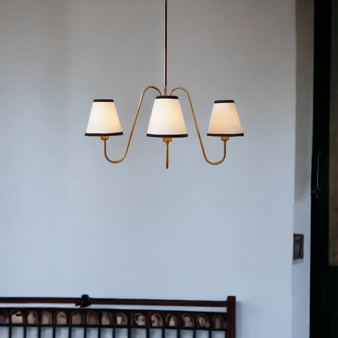 Modern 3-light brass chandelier with white fabric shades – handmade ceiling light by Brass Leaf Studio