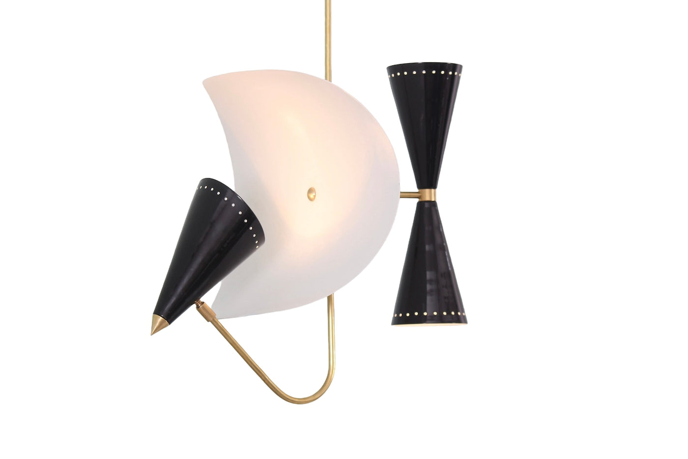 Modern 3 light brass cone chandelier with sculptural curved disc shade and black cone accents, mid century industrial pendant lighting