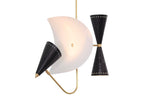 Modern 3 light brass cone chandelier with sculptural curved disc shade and black cone accents, mid century industrial pendant lighting