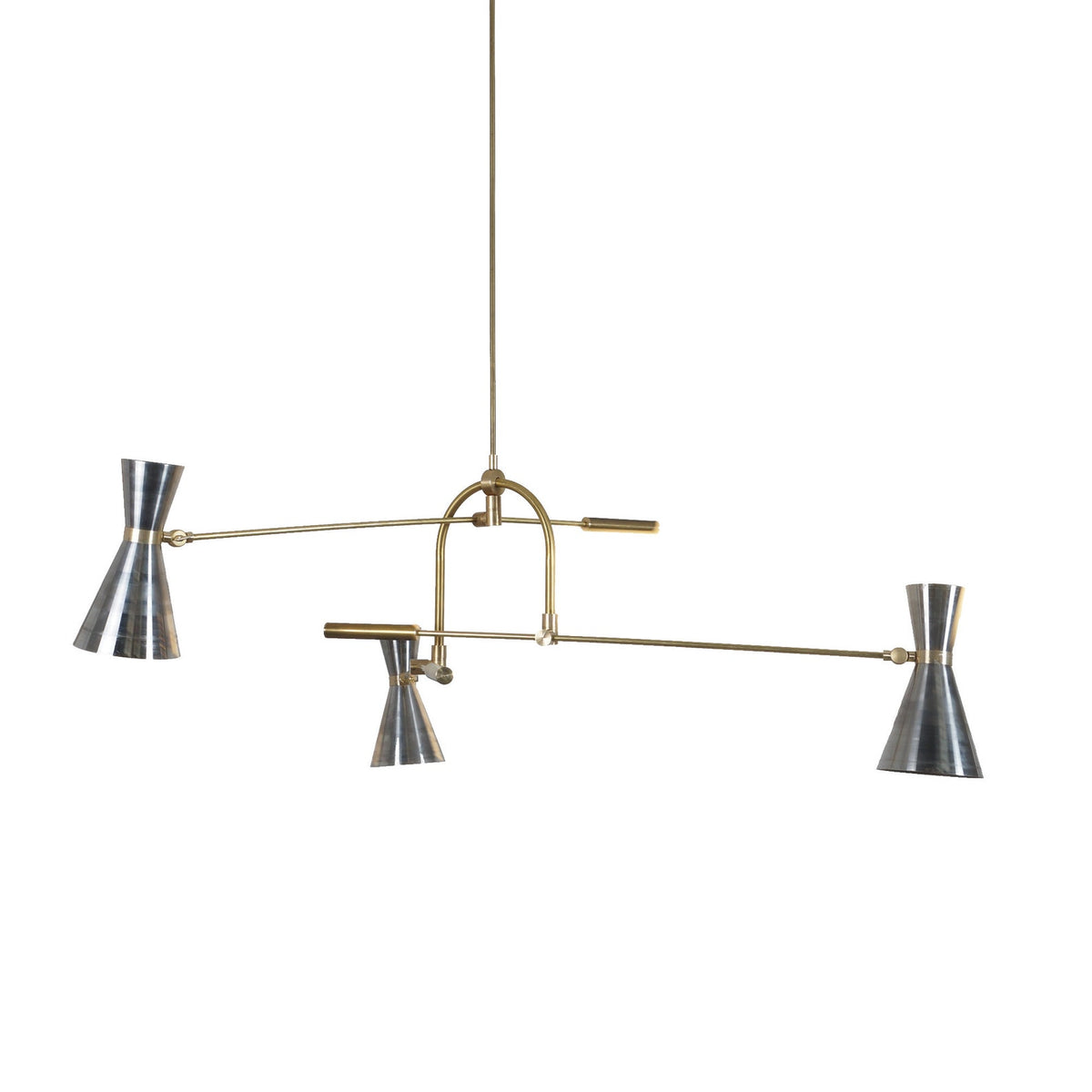 Modern brass chandelier with three double-cone metal shades – minimalist mid-century lighting design ideal for dining or living room interiors