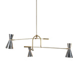 Modern brass chandelier with three double-cone metal shades – minimalist mid-century lighting design ideal for dining or living room interiors