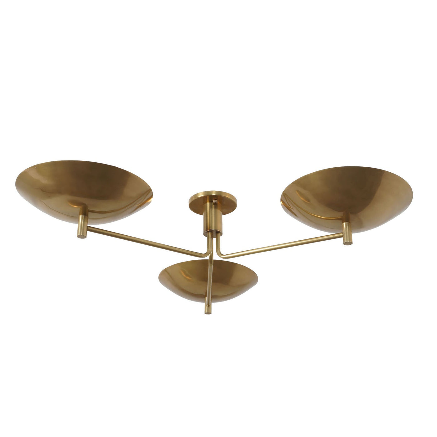 Modern 3-light brass flushmount ceiling light with bowl shades – handmade minimalist fixture by Brass Leaf Studio