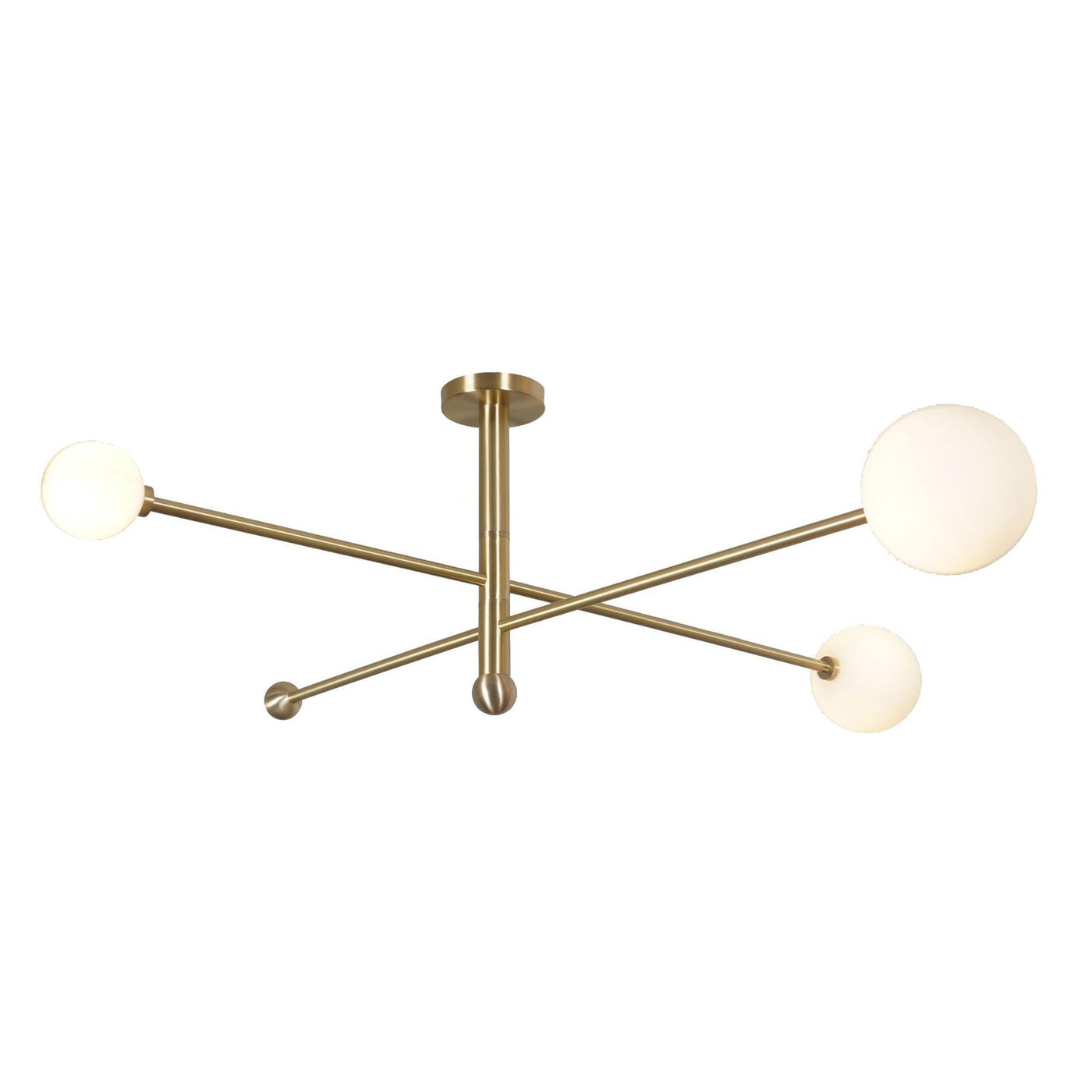 Modern 3-light brushed brass globe ceiling light with opal glass shades by Brass Leaf Studio.