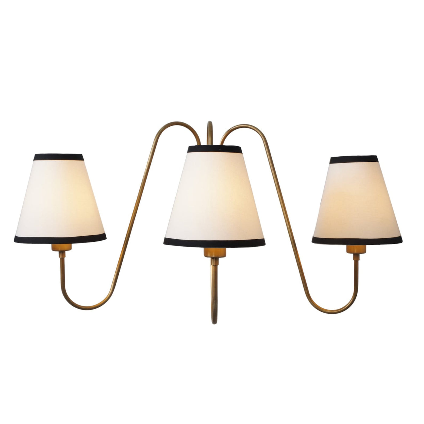 Modern 3-light brass wall lamp with white fabric shades – handmade solid brass sconce by Brass Leaf Studio