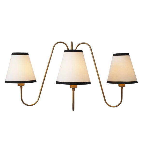 Modern 3-light brass wall lamp with white fabric shades – handmade solid brass sconce by Brass Leaf Studio