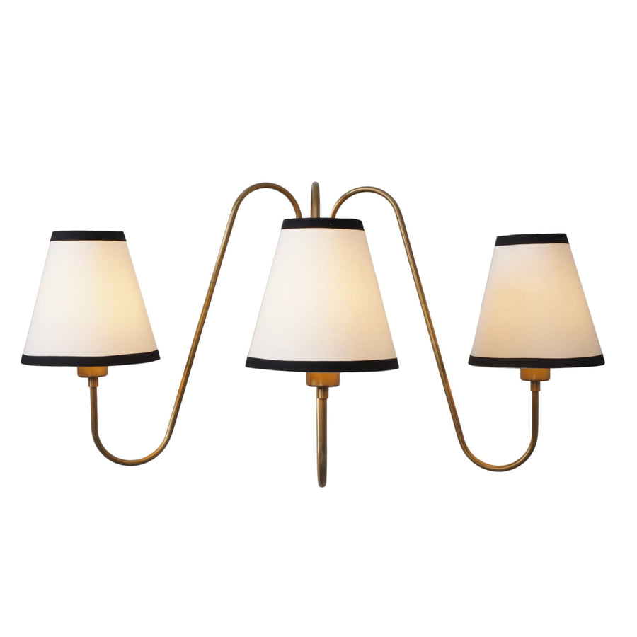 Modern 3-light brass wall lamp with white fabric shades – handmade solid brass sconce by Brass Leaf Studio