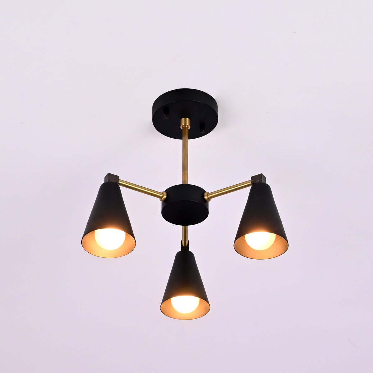Modern 3 light flush mount chandelier with brass arms and matte black cone shades, handmade ceiling lamp