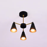 Modern 3 light flush mount chandelier with brass arms and matte black cone shades, handmade ceiling lamp