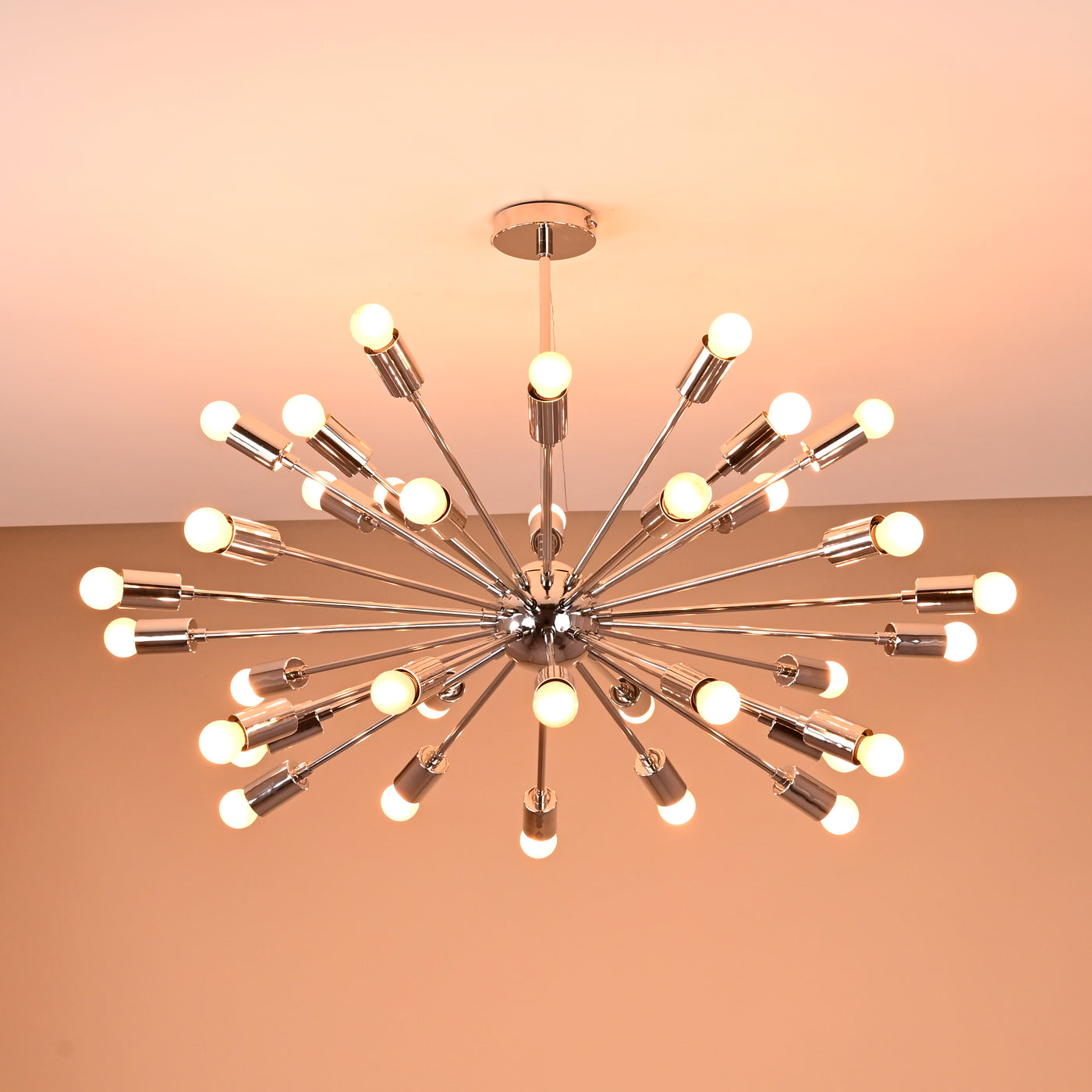 Illuminated modern 34-light Sputnik chandelier in polished brass chrome finish