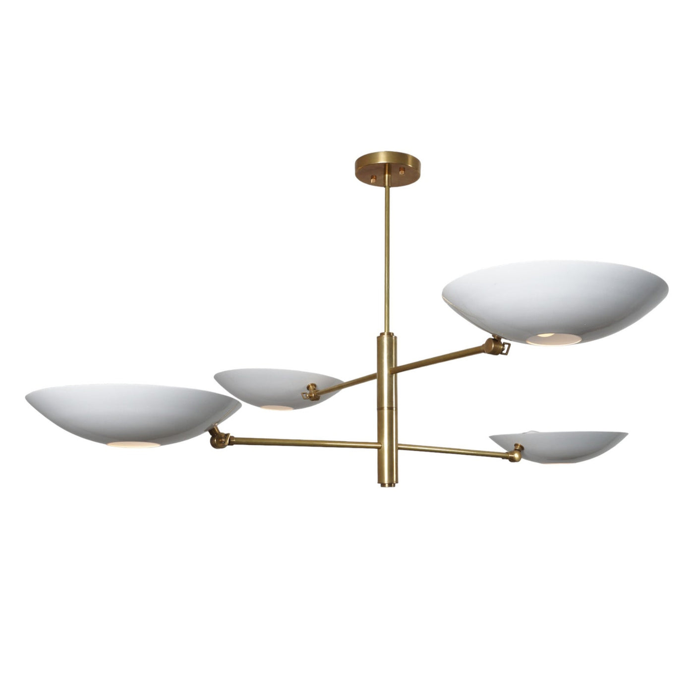 Modern 4-light brass chandelier with sculpted white bowl shades handcrafted by Brass Leaf Studio