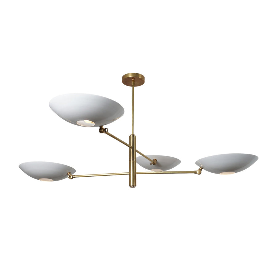 Modern 4-light brass chandelier with sculpted white bowl shades handcrafted by Brass Leaf Studio