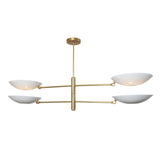 Brushed brass 4-light ceiling chandelier with balanced arms and white upward bowl shades