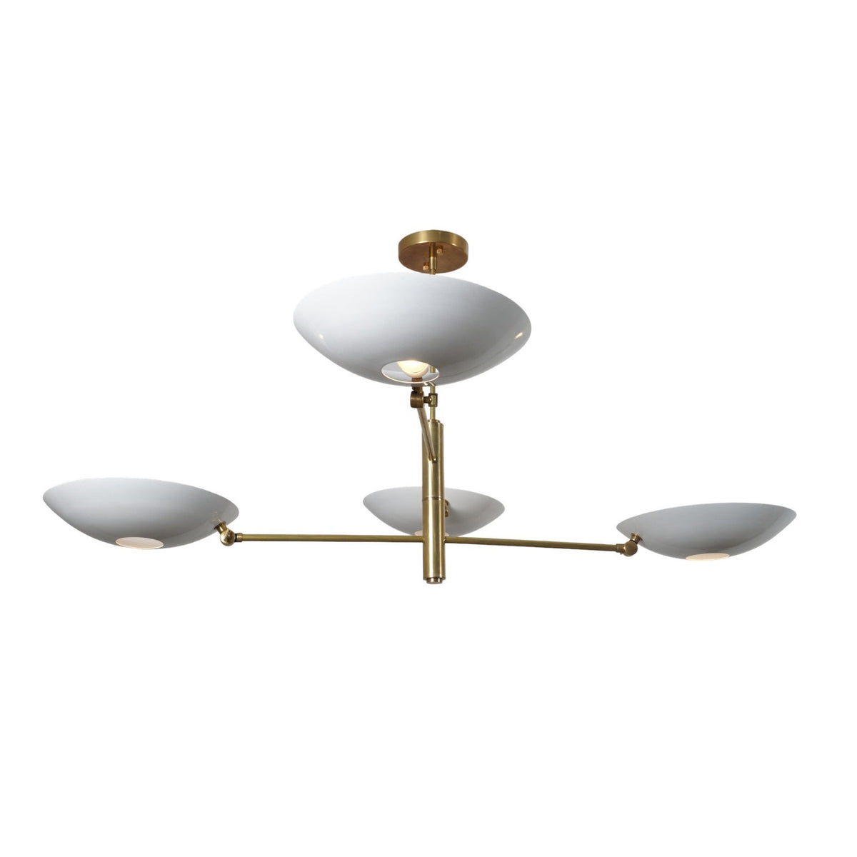 Handmade 4-light brass chandelier with sculptural bowl shades and refined geometric arrangement