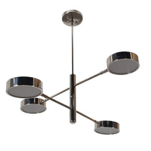 Modern 4-light chrome disc chandelier with sleek brass structure and circular shades by Brass Leaf Studio