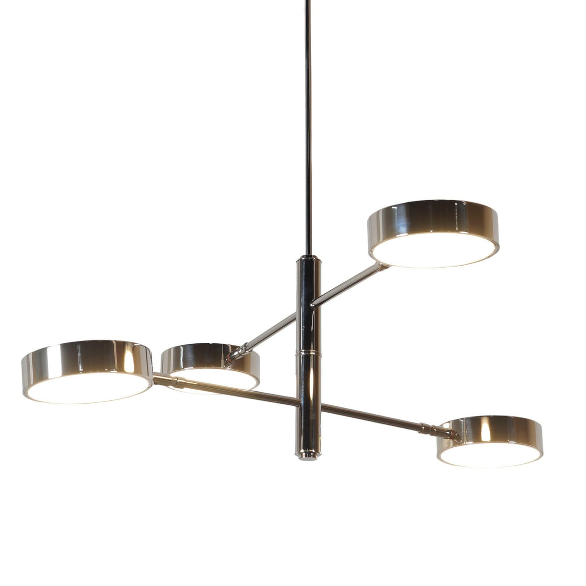 Contemporary 4-light chandelier in polished chrome finish with illuminated disc shades handcrafted by Brass Leaf Studio