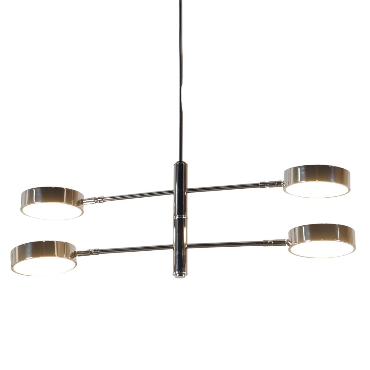 Linear 4-light chrome ceiling chandelier featuring round disc lights and minimalist brass framework