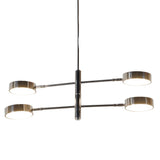 Linear 4-light chrome ceiling chandelier featuring round disc lights and minimalist brass framework