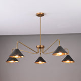 Front view of handcrafted 5-light brass chandelier featuring matte-black perforated cone shades and brushed brass arms.