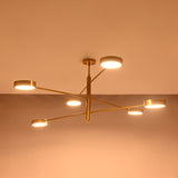 Modern 6-light disc ceiling fixture with slim brass rods and round illuminated heads for contemporary interiors