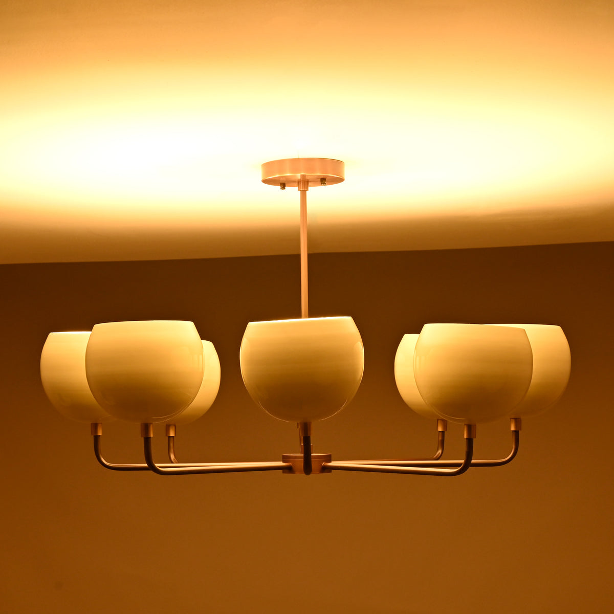 8-light brass chandelier illuminating ceiling with warm glow, featuring round ivory shades and central drop rod.