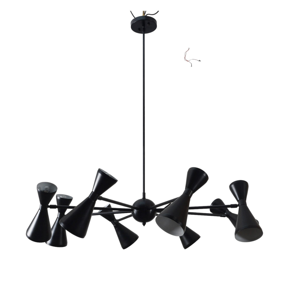 Elegant mid-century modern chandelier with 8 double cone shades in matte black brass finish, handcrafted by Brass Leaf Studio