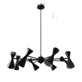 Elegant mid-century modern chandelier with 8 double cone shades in matte black brass finish, handcrafted by Brass Leaf Studio
