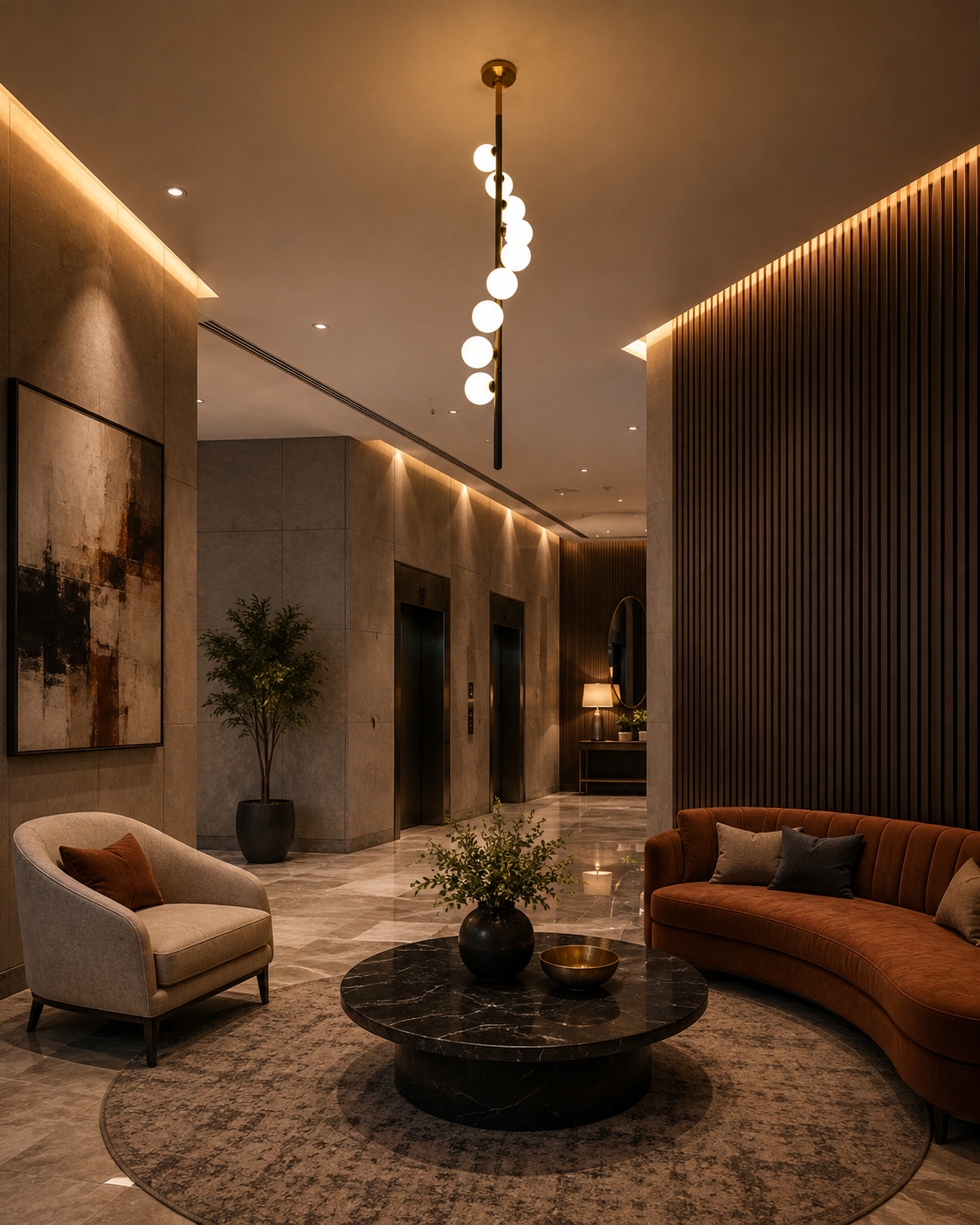 Modern 9-light globe pendant chandelier installed above a dining table with warm ambient glow and vertical sculptural design