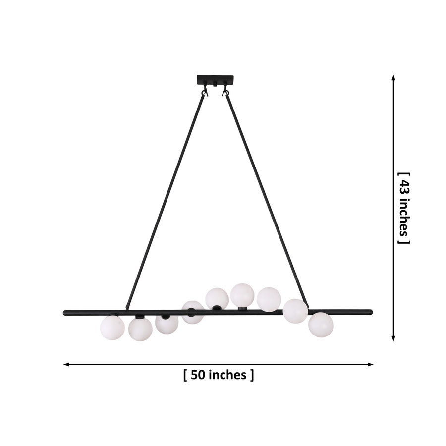 Linear 9-light globe chandelier with black bar design installed above a dining table in a warm modern interior