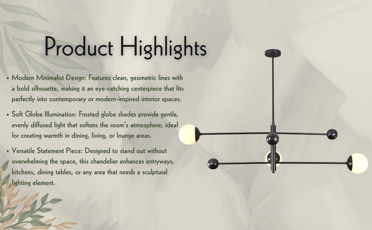 Modern minimalist blackened brass chandelier with soft frosted globe lighting – ideal for dining, living, and lounge spaces