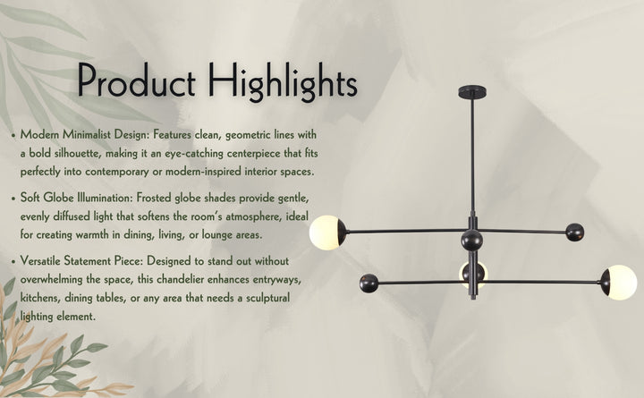 Modern minimalist blackened brass chandelier with soft frosted globe lighting – ideal for dining, living, and lounge spaces