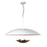 Modern brass and white bowl pendant chandelier with indirect uplight design, handmade by Brass Leaf Studio for dining or living room interiors.