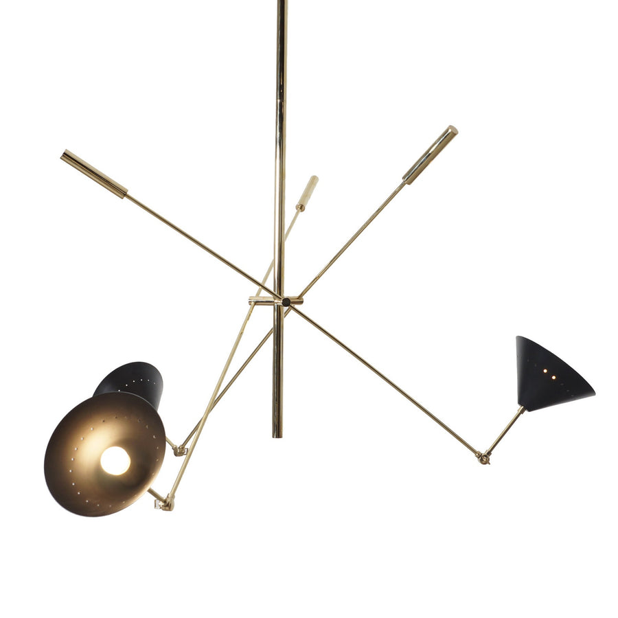 Handcrafted modern brass 3-arm adjustable chandelier with black cone shades by Brass Leaf Studio