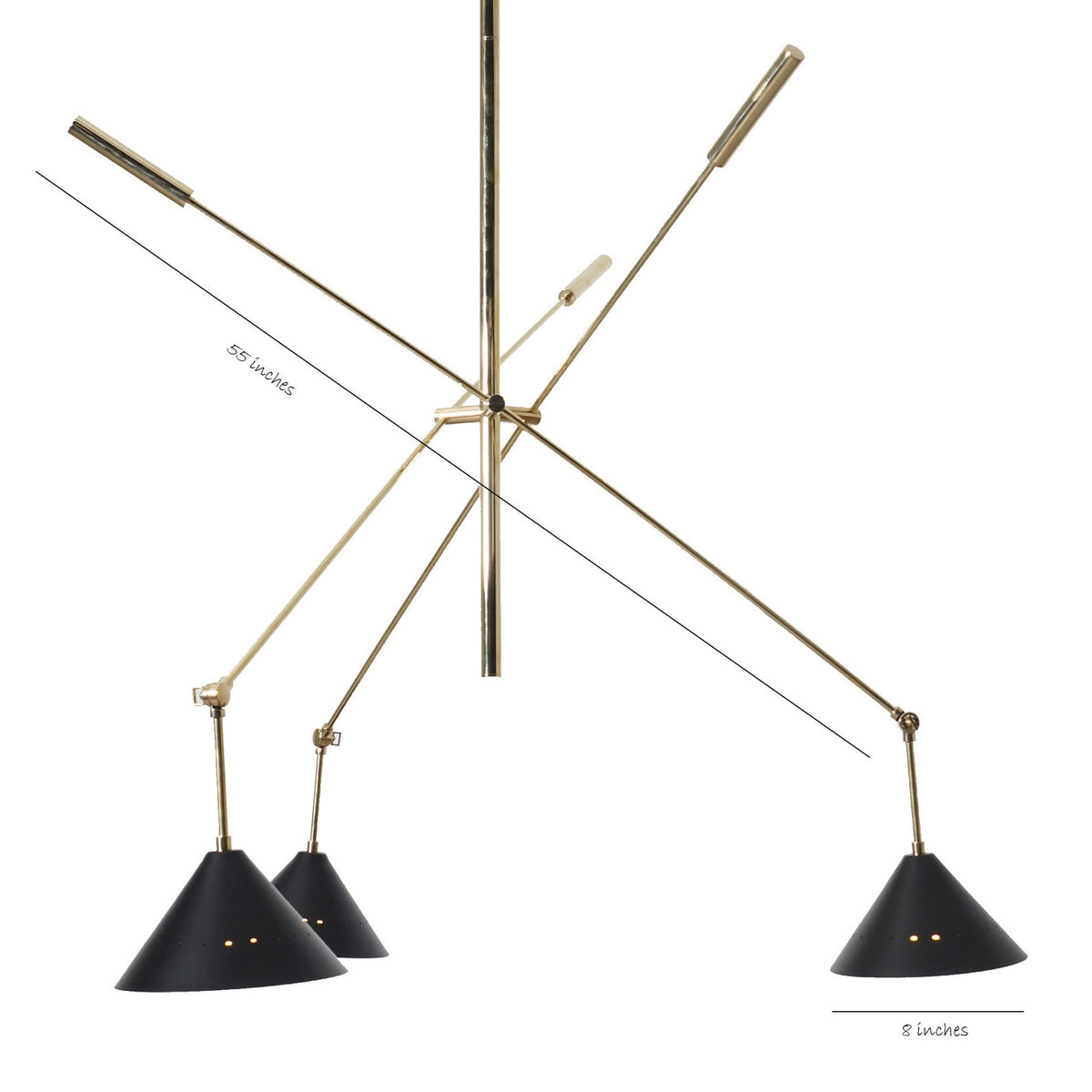 Brass mid-century adjustable 3-arm chandelier showing 55-inch width and 45-inch height with black cone shades