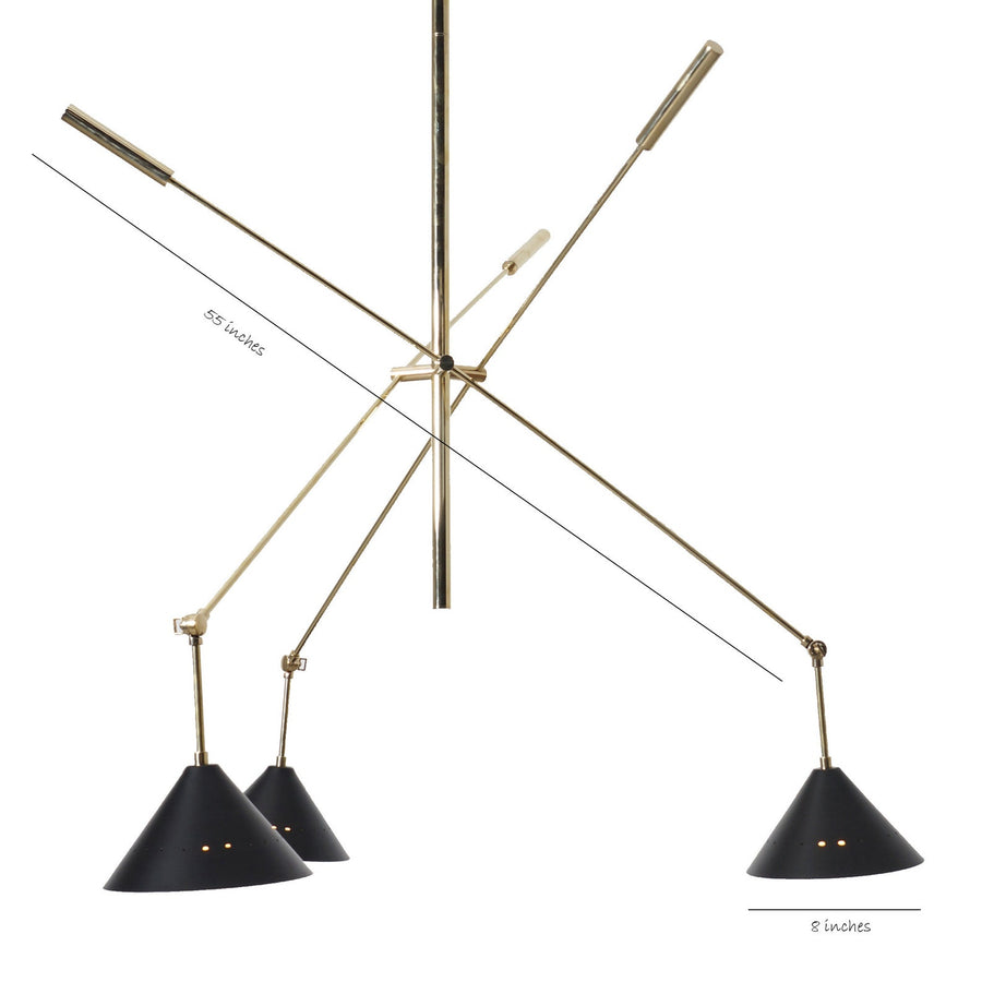Handcrafted modern brass 3-arm adjustable chandelier with black cone shades by Brass Leaf Studio