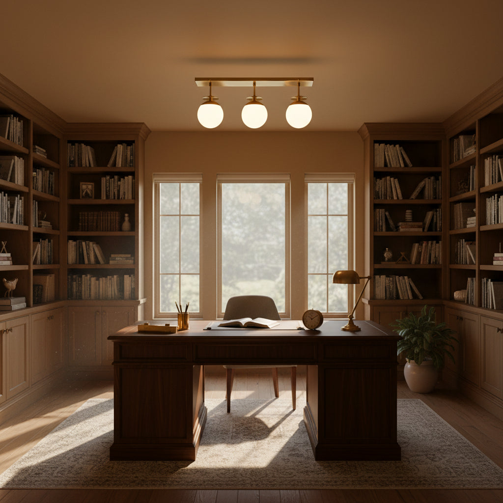 Modern brass 3-globe ceiling light with rectangular canopy, short stems, and soft ambient illumination