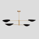 Modern brass chandelier with four matte black bowl-shaped shades, minimalist pendant lighting for dining rooms and living spaces.