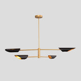 Modern brass chandelier with 4 sculpted bowl shades, minimalist industrial pendant light for dining rooms, living spaces, and boutique interiors.