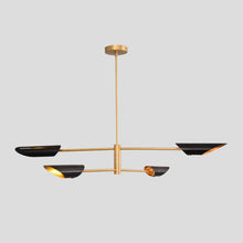 Modern brass chandelier with 4 sculpted bowl shades, minimalist industrial pendant light for dining rooms, living spaces, and boutique interiors.