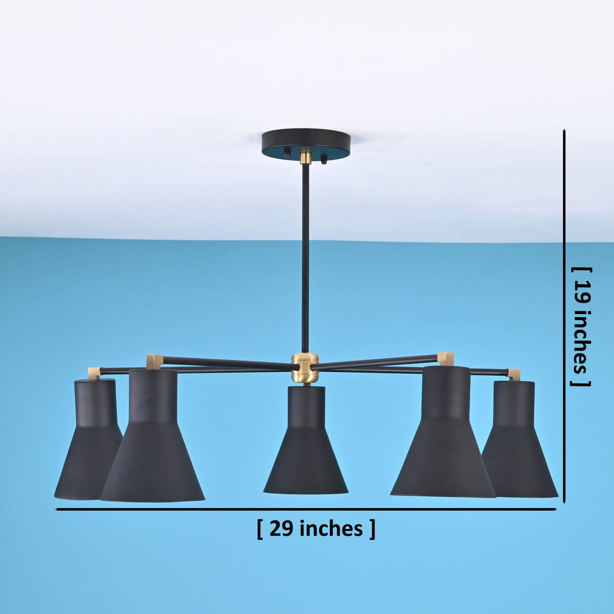 Modern brass 5 cone chandelier showing 29 inch width and 19 inch height with minimalist industrial design