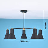 Modern brass 5 cone chandelier showing 29 inch width and 19 inch height with minimalist industrial design