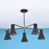 Modern 5 cone brass chandelier with black metal arms and minimalist industrial ceiling design
