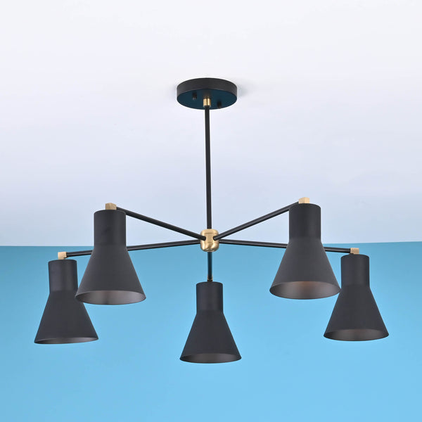 Modern 5 cone brass chandelier with black metal arms and minimalist industrial ceiling design