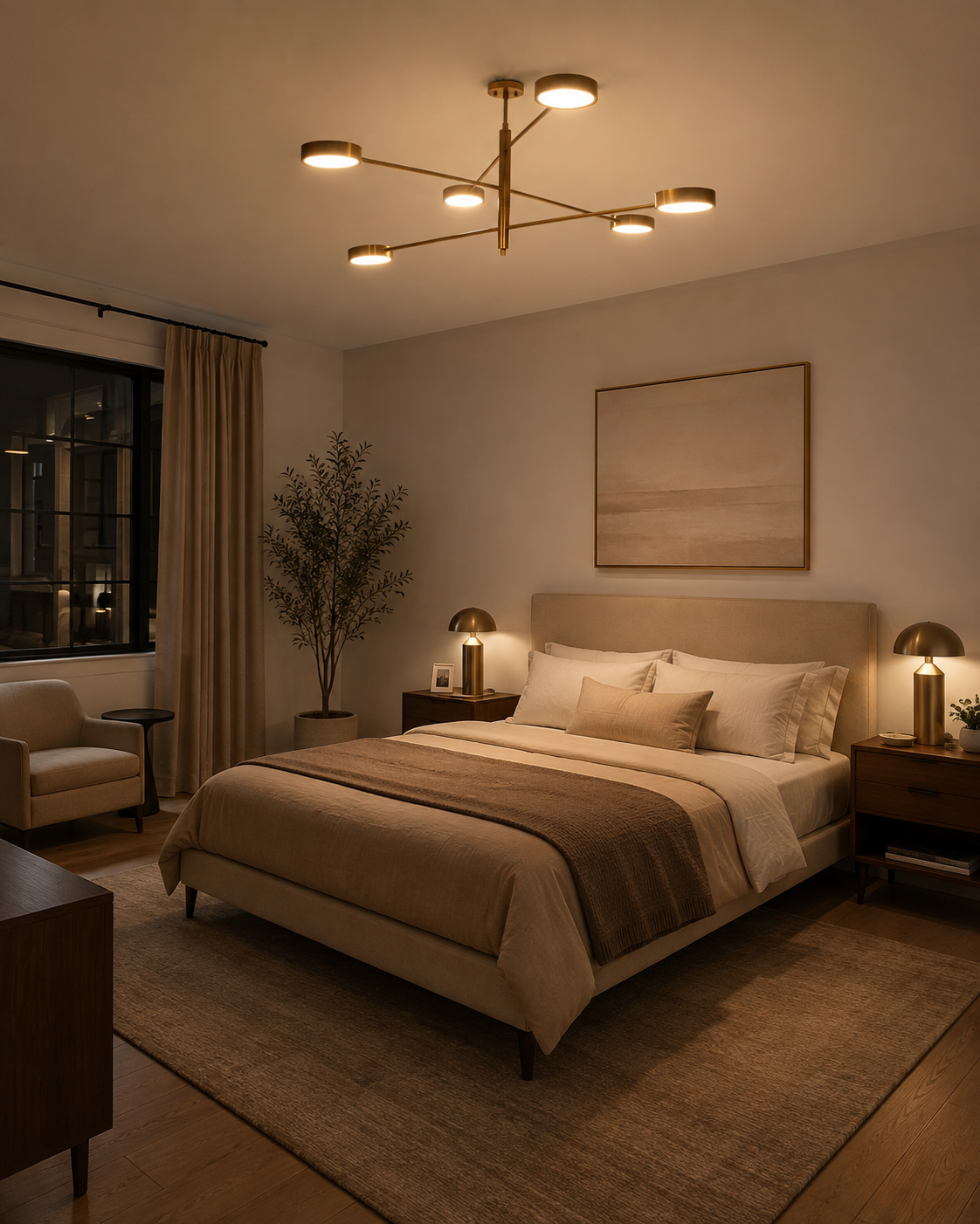 Modern brass bedroom ceiling light with six disc heads for warm ambient and functional illumination