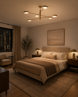 Modern brass bedroom ceiling light with six disc heads for warm ambient and functional illumination