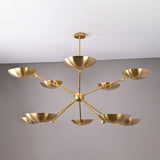 Modern handmade brass chandelier featuring ten polished bowl shades arranged in a radial formation.