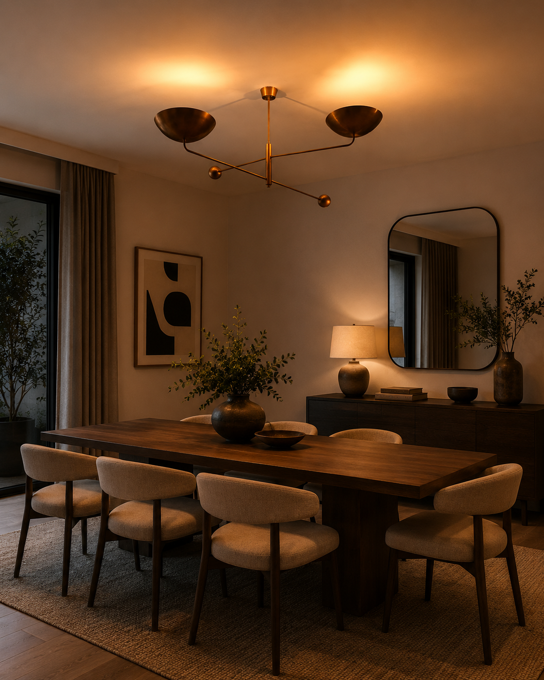 Modern brass bowl chandelier shown from angle view with two upward-facing shades and balanced rod structure