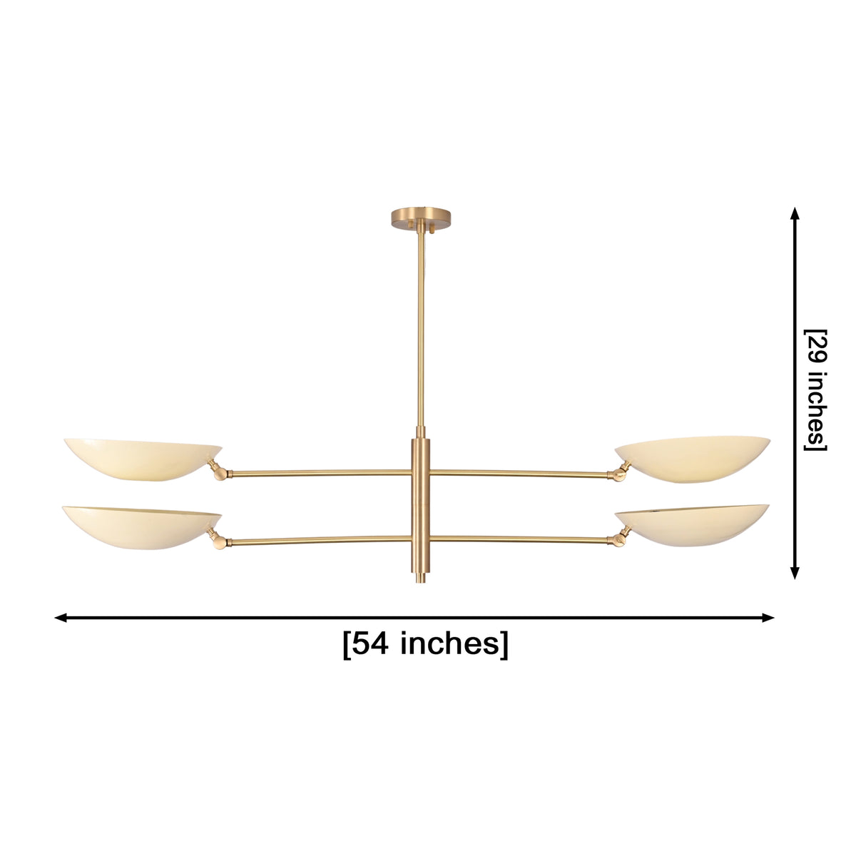 Modern 4-light bowl chandelier showing 54 inch width and 29 inch height for product size reference